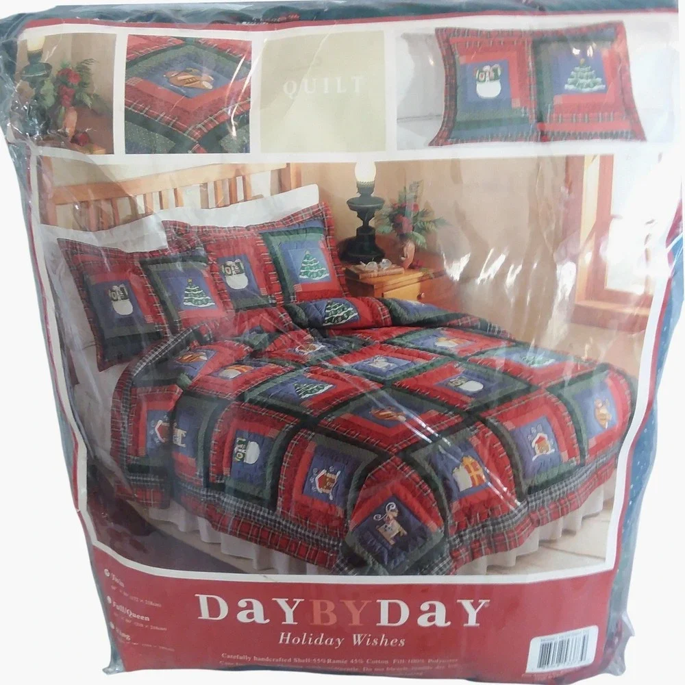 Vintage Day By Day Holiday Wishes Christmas Print Quilt Twin Size 68x86 NOS